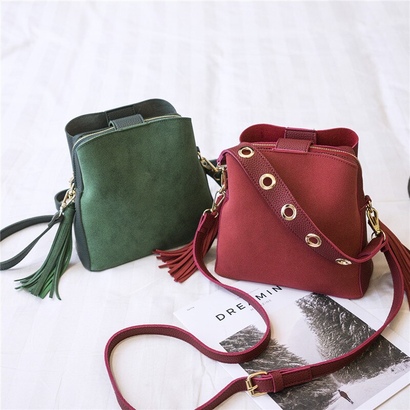 YBYT nubuck PU leer vrouwen emmer tas vintage casual brede schouderriem vrouwen tas crossbody bag hotsale kwastje vrouwelijke handtas