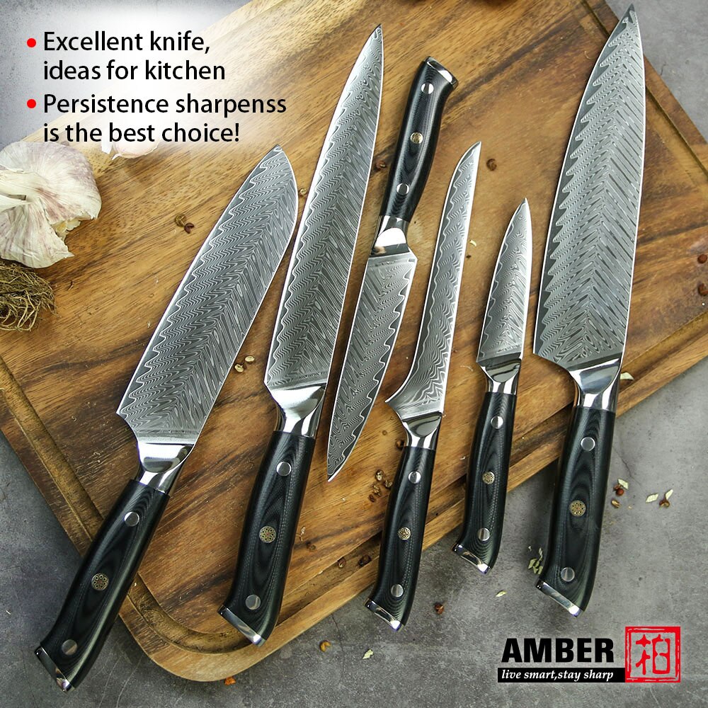 AMBER AUS-10 Black G10 Handle Ladder Pattern Damascus Knife 67 layers Damascus Steel 8 inch Kitchen Chef Knife