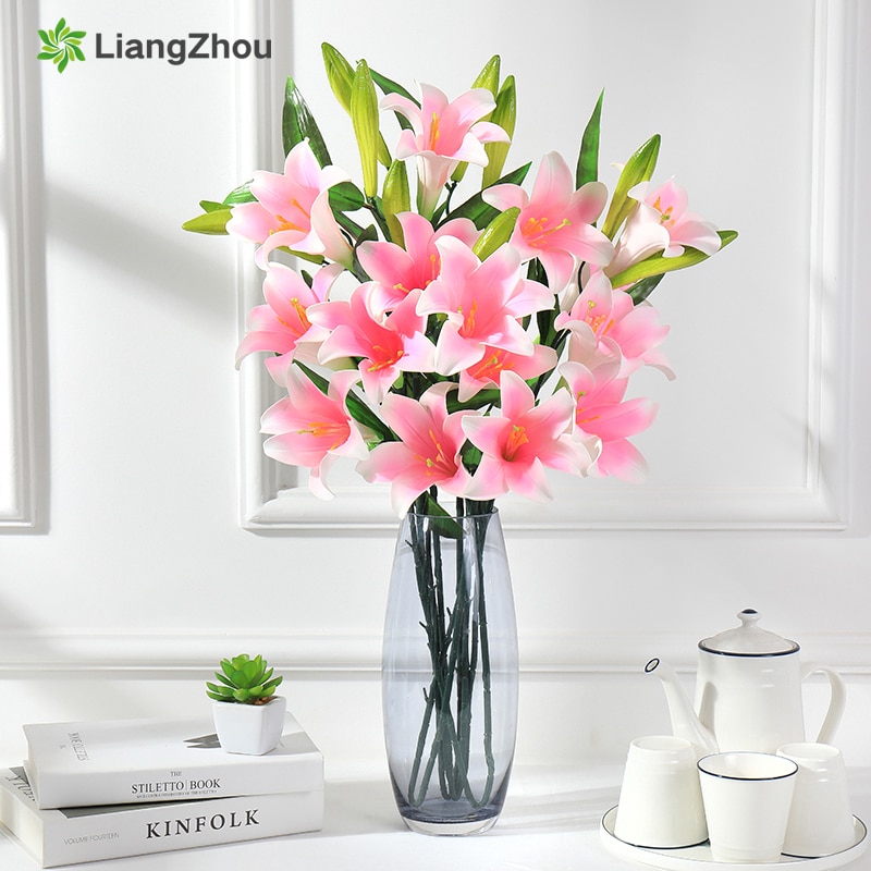 Kunstige liljer blomstergren 5 stk lilium simulation blomst latex familie hotel dekoration fest tilbehør