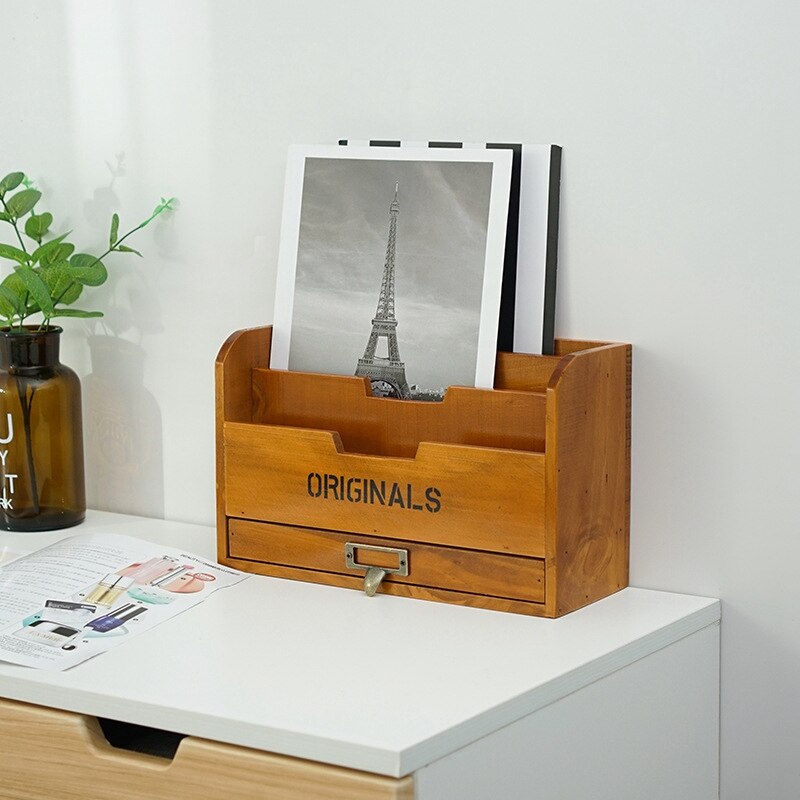 Solid Wood Retro Storage Cabinet Newspaper Books azine Box Newspaper Rack Folder with Drawer