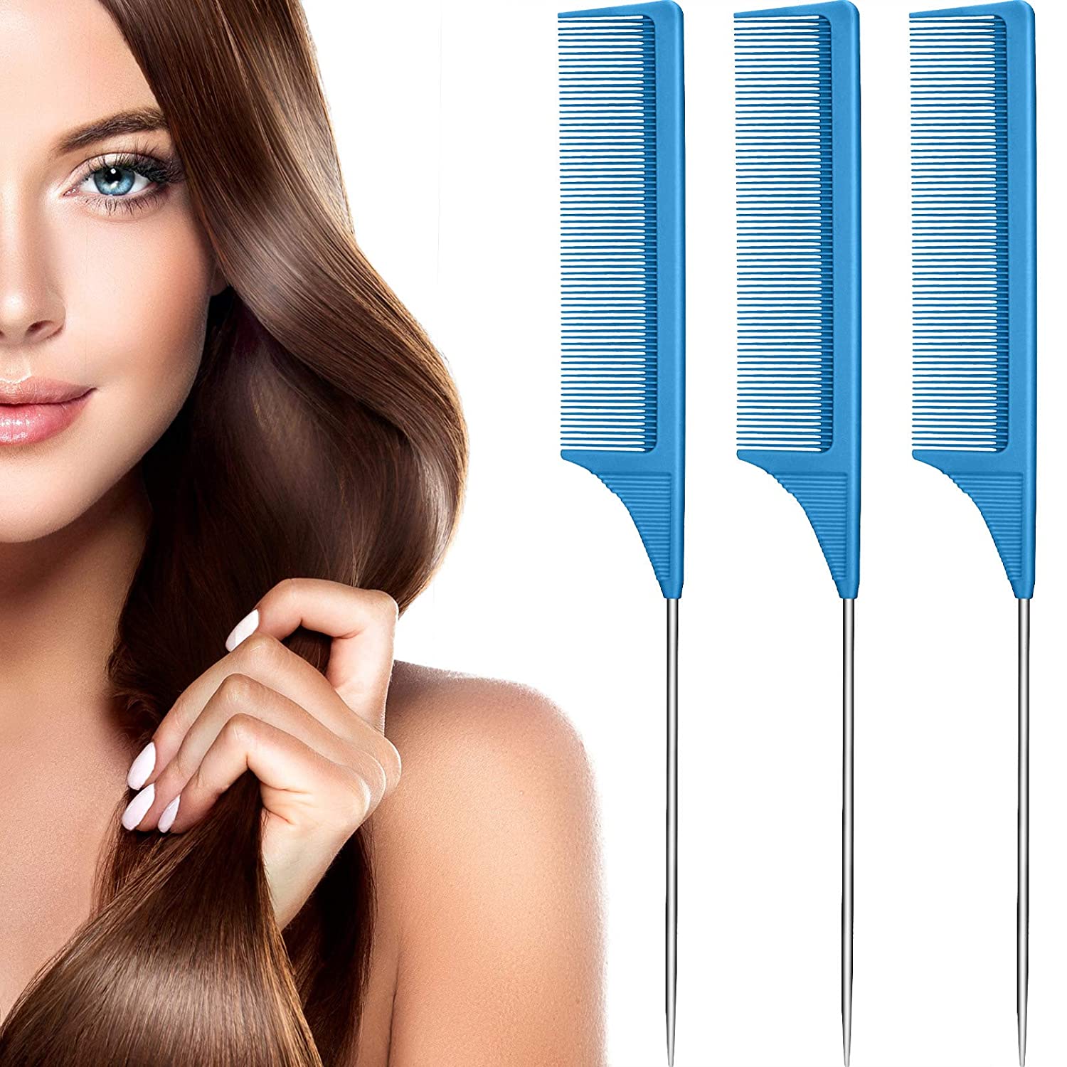 Peigne queue de Rat en acier, 3 paquets, peigne taquin résistant à la chaleur en Fiber de carbone avec queue de Rat en acier inoxydable: Bleu
