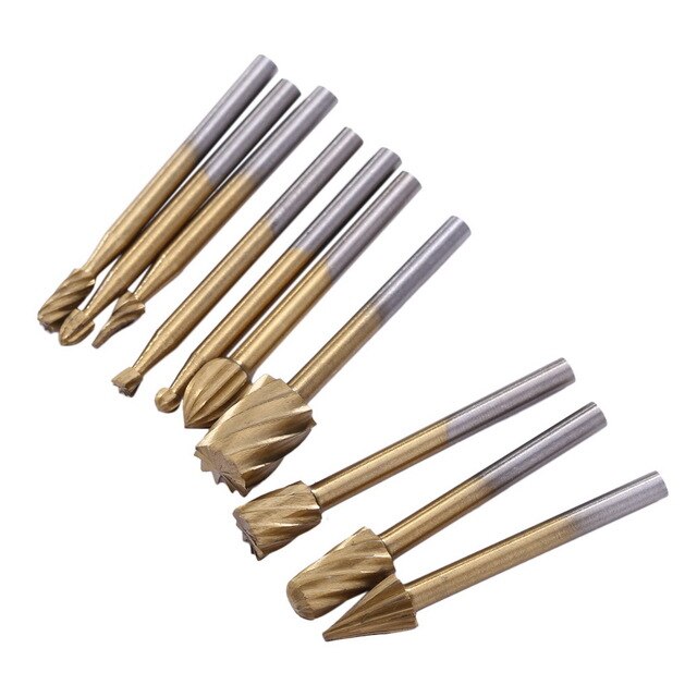 10pcs Titanium Dremel Routing Wood Rotary Milling Rotary File Cutter Woodworking Carving Carved Knife Cutter Tools