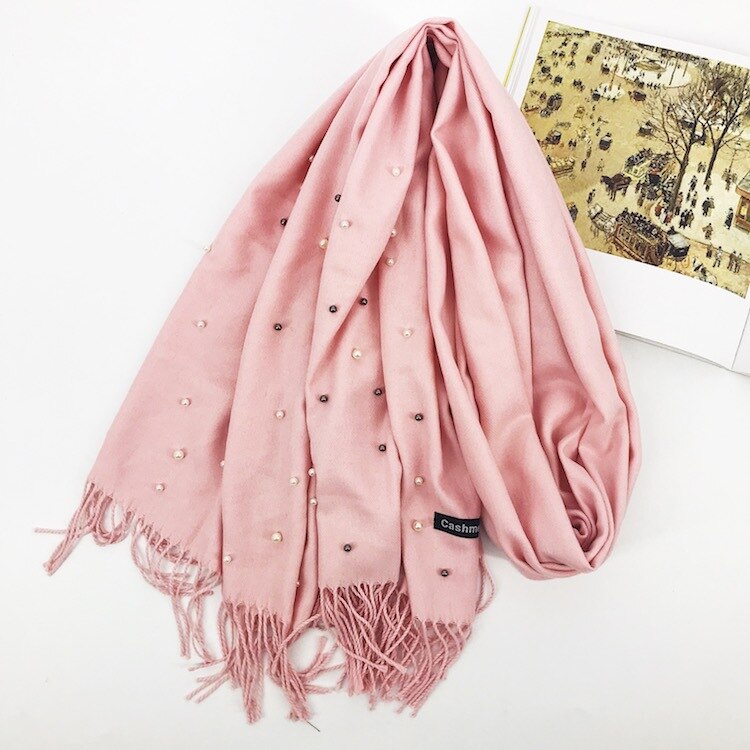 Écharpe de de luxe épais hiver femmes écharpe chaude cachemire étoile perle solide gland châle couverture pour emmailloter Hijab dame écharpe Pashmina: Rose