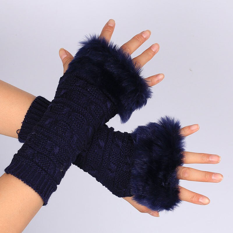 Guantes sin dedos para mujer, de lana de imitación, Crochet, calentador de muñeca , cálido para manos, mitones de medio dedo, invierno,: Azul marino