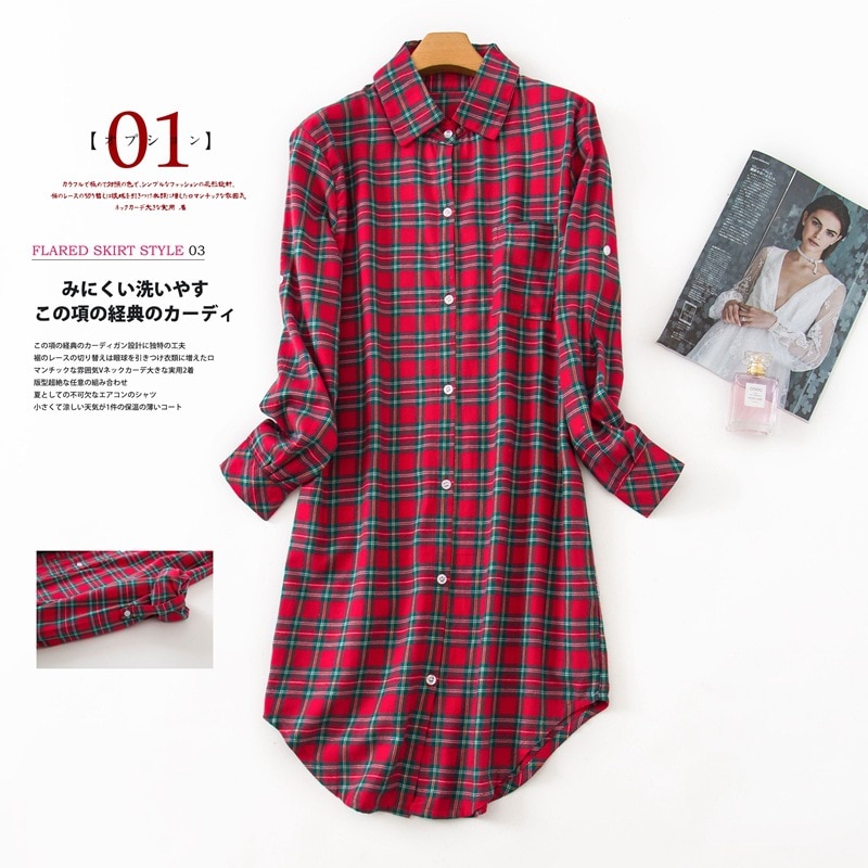 Mais tamanho de moda inverno noite vestido feminino pijamas pijamas 100% algodão escovado fresco: Red-Green Plaid / XL