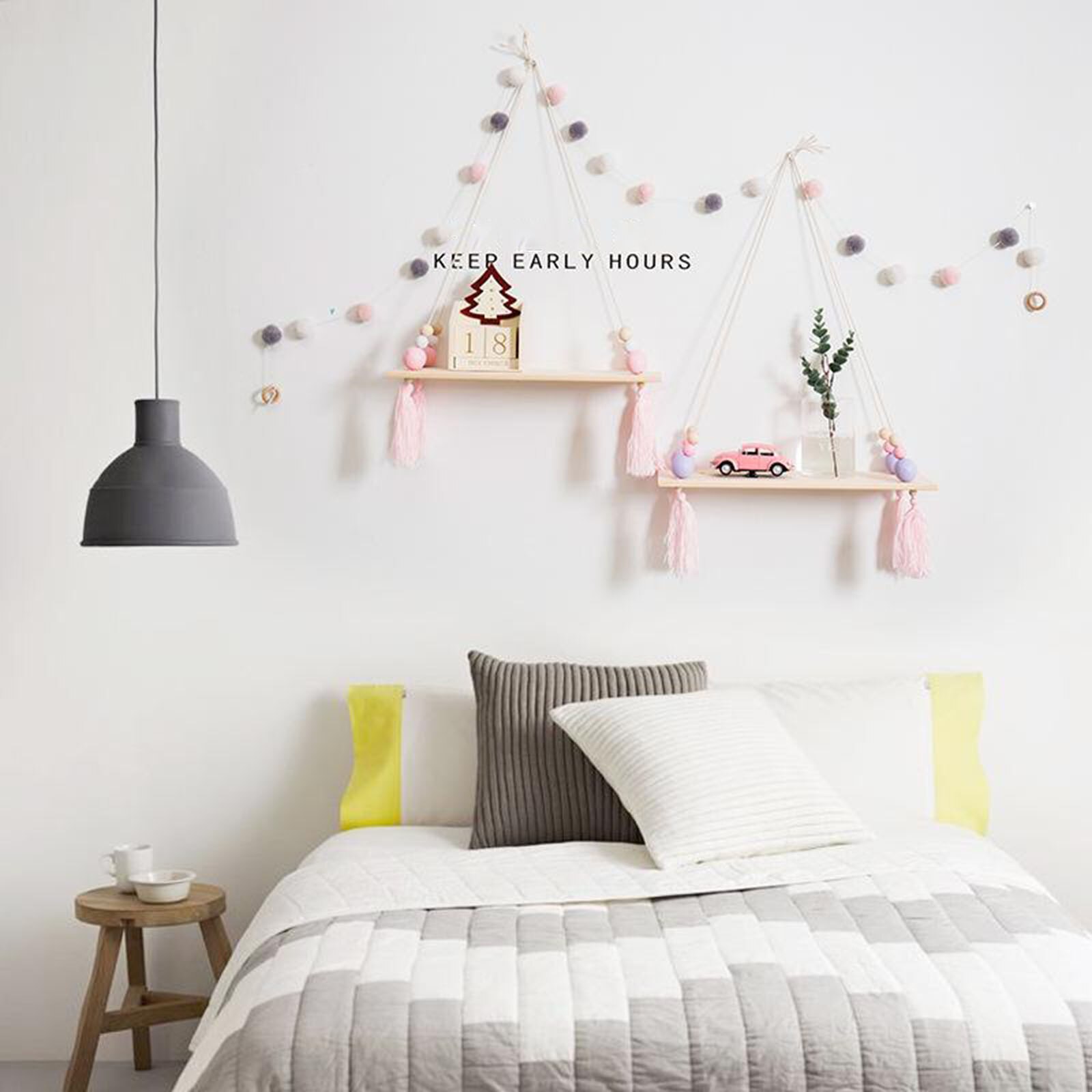 Wooden Wall Shelf Rope Hanging Floating Shelf Flower Pot Stand Purple Bead