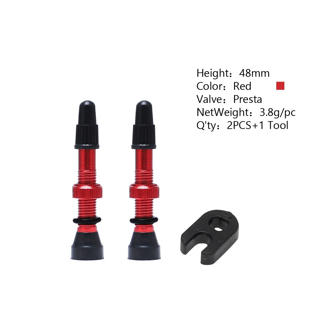 2 Pcs/set Bike Tire Air Valve Bike Tubeless Wheel Valve Kit Copper Core Alloy Stem Rubber Base: Red 48mm