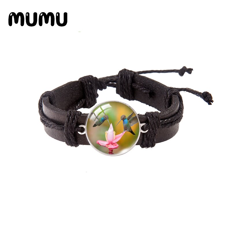 Hummingbird Flower Leather Bracelet Round Glass Dome Bracelets Handmade Jewelry Men Women: 4