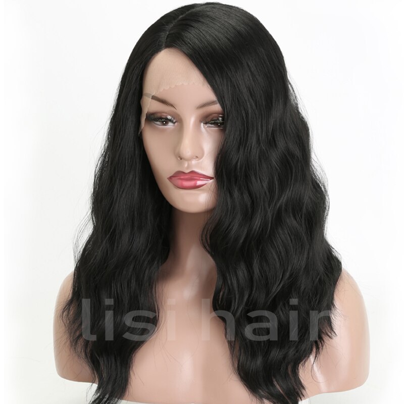 LISI, peluca frontal de encaje sintético ondulado largo de color negro puro para mujeres, cabello clásico de 26 pulgadas