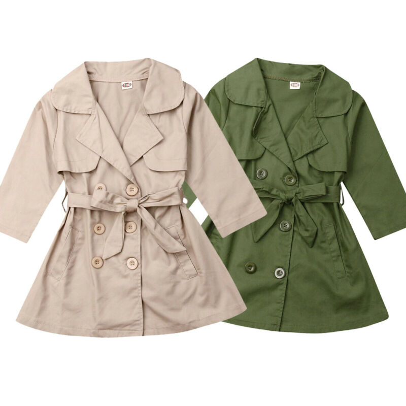 Girls Long Trench Coat Double Breasted Quilted Button Up Kids Autumn Jackets