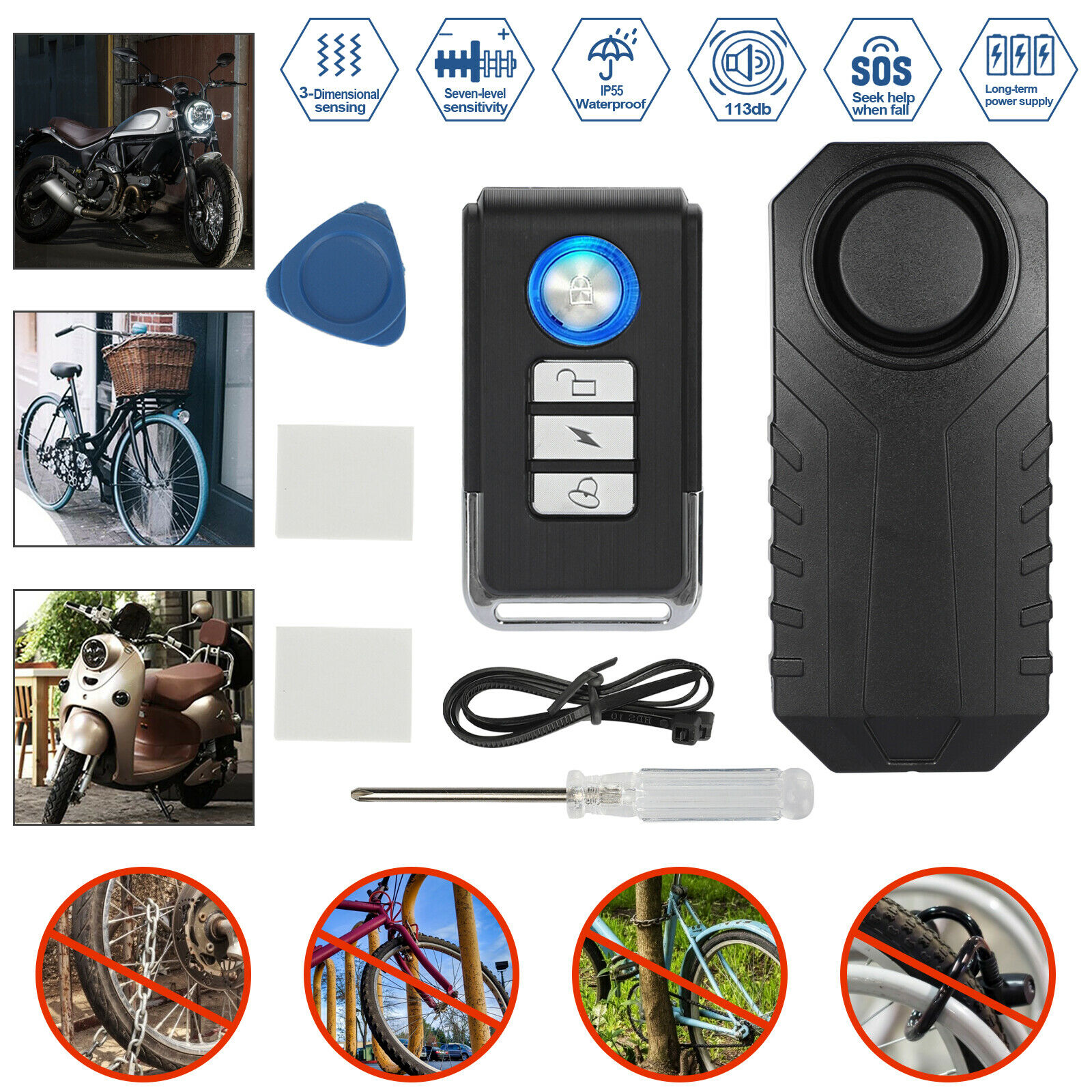Alarme de sécurité Anti-vol pour moto et vélo, télécommande à vibrations, étanche, sans fil, 113db, pour voiture électrique