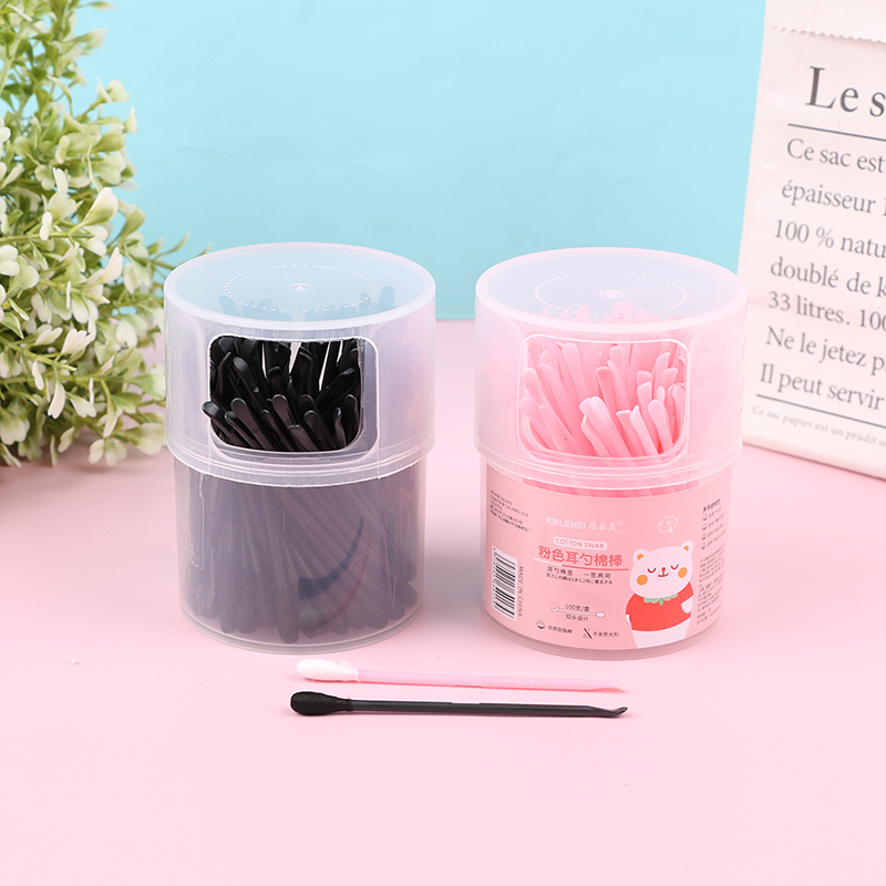 100Pcs 2 In 1 Cotton Swabs with Ear Spoons Plastic Curette Ear Pick Cleaner Ear Cleaner Spoon Portable Makeup Nail Art Sticks