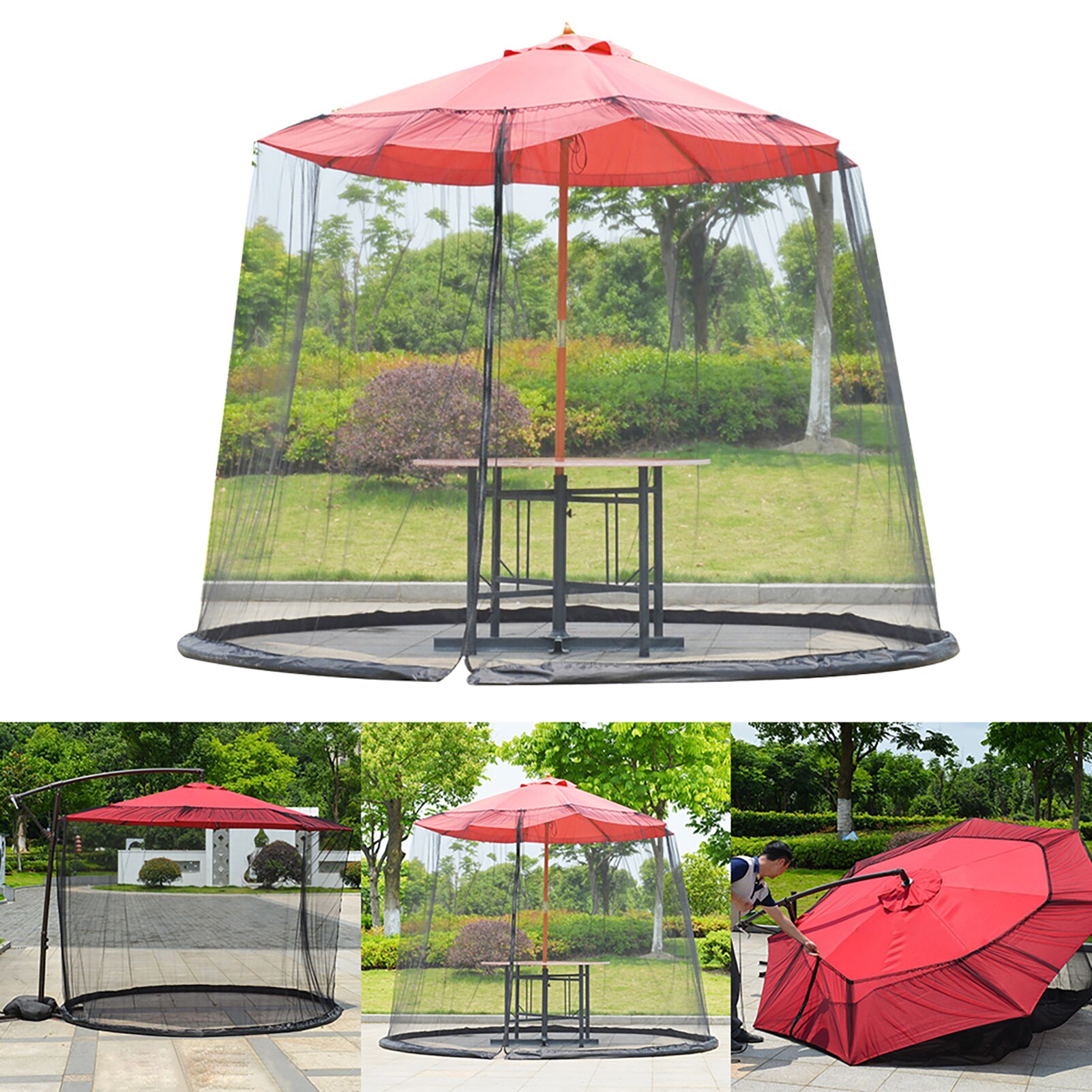 Parasol Filet Camping En Plein Air Table de Parapluie Moustiquaire Fermeture Éclair anti-mouches Parapluie Couverture de Filet de Parasol Mouches Net