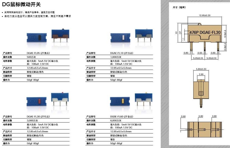 4 stk/pak original zf rød hvidguld sort prik museknap mus micro switch dg serie