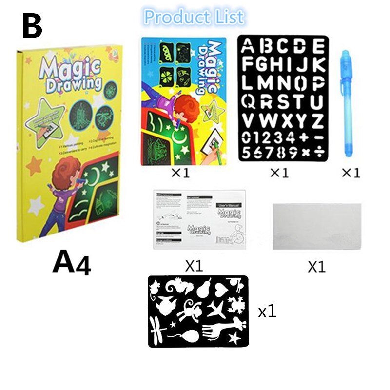 1PC 2 in 1 LED Leucht Zeichnung Bord Magie Ziehen Mit Licht-Spaß Fluoreszierende Pen Pädagogisches Spielzeug Graffiti doodle Zeichnung Tablet: A4 33CM