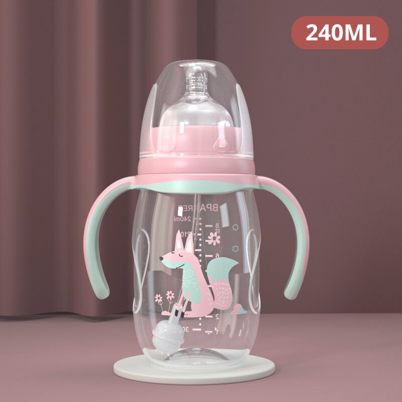 Babyvoeding Fles Kids Water Fles Dual-Gebruik Fles Breed Kaliber Eendenbek Cup Melk Hittebestendig Zuigeling Pp fles: Pink 240ML