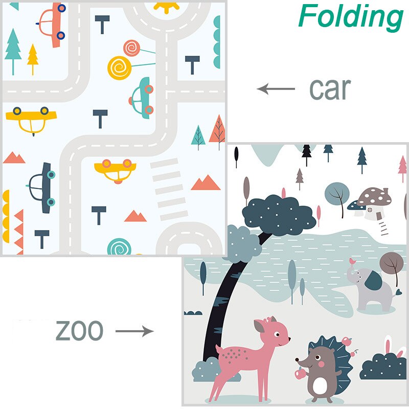 Pædagogiske spil sammenfoldelig baby legemåtte vandtæt multifunktionsgulv til småbørn spædbørn tæppe dobbeltsidede kravlemåtter: Foldebil zoo / 200 x 180cm