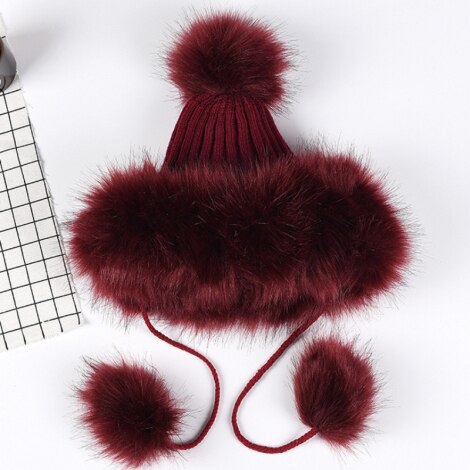 HT2105 Big Fur Pompom Ball Winter Hats for Women Russian Ushanka Hat Thick Warm Fur Hat Earflap Ski Cap Women Knitted Hat: Burgundy