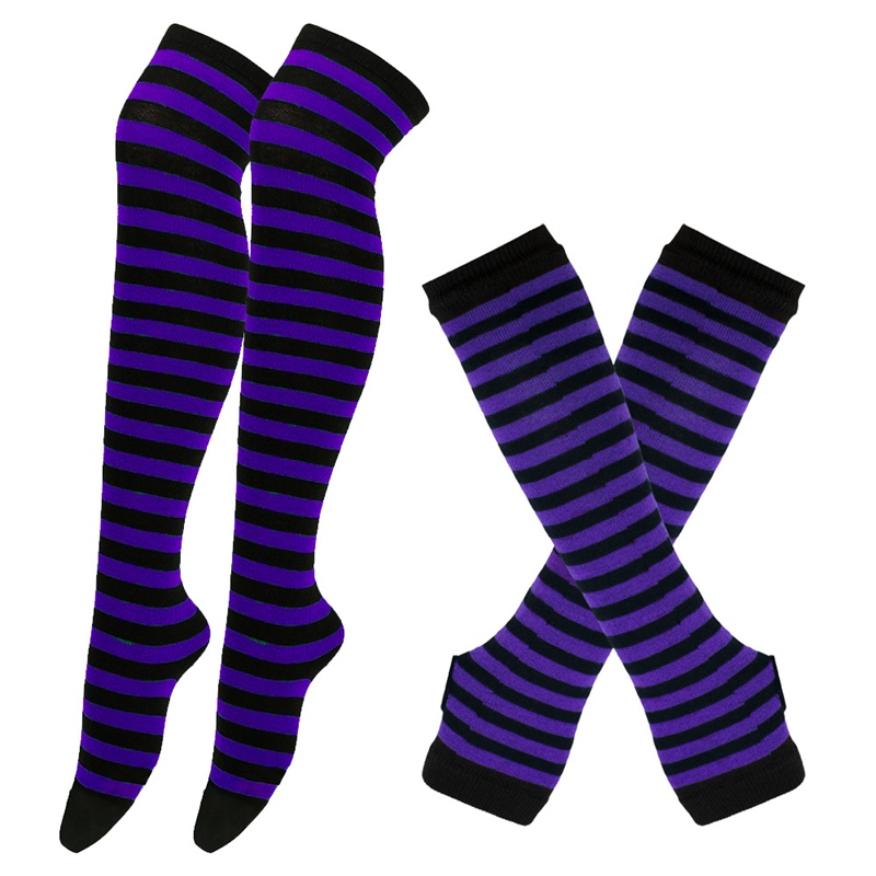 1 Set Women Gothic Punk Over Knee Long Stripe Socks Arm Sleeve Gloves for Girl Thigh High Cotton Socks Sweet Cute Christmas: PURPLE