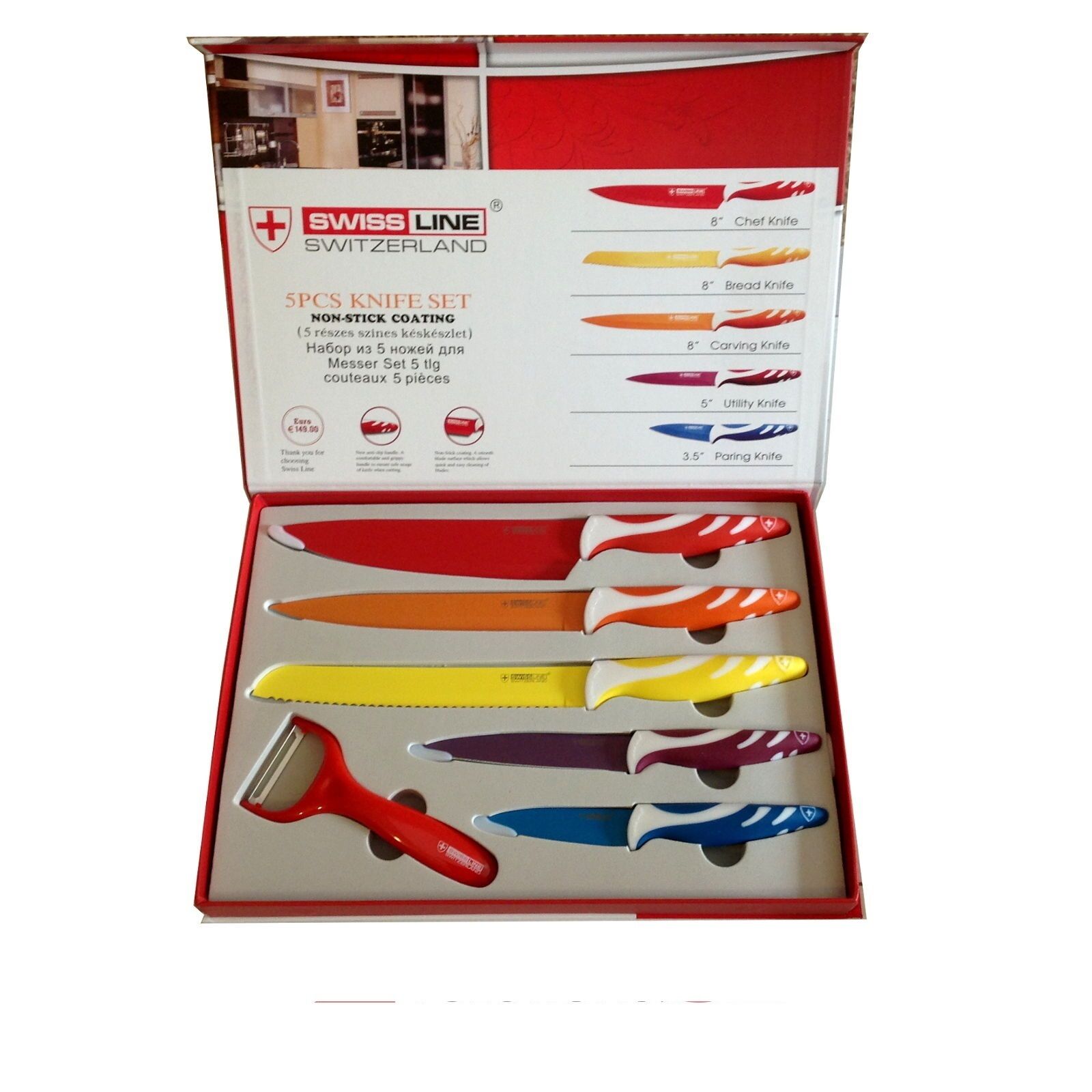 5 CUCHILLOS + PELADOR SUIZOS SWISS LINE CERÁMICA Y ACERO INOX-NUEVOS