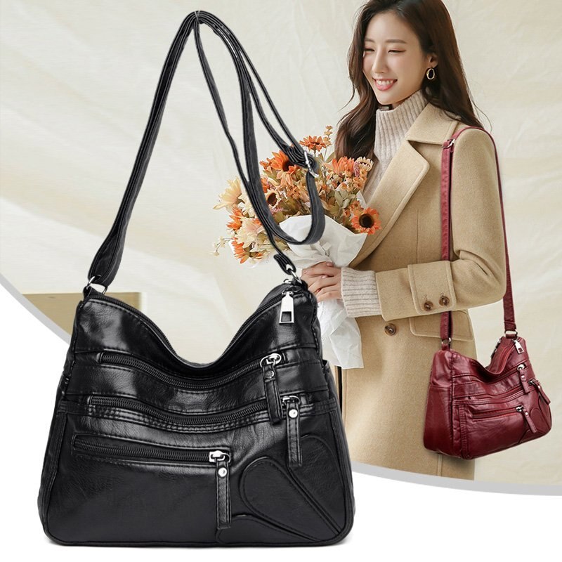 cuir souple sac à main double fermeture éclair sac à bandoulière simple sac de messager tendance multi-poche sac femmes sac marron