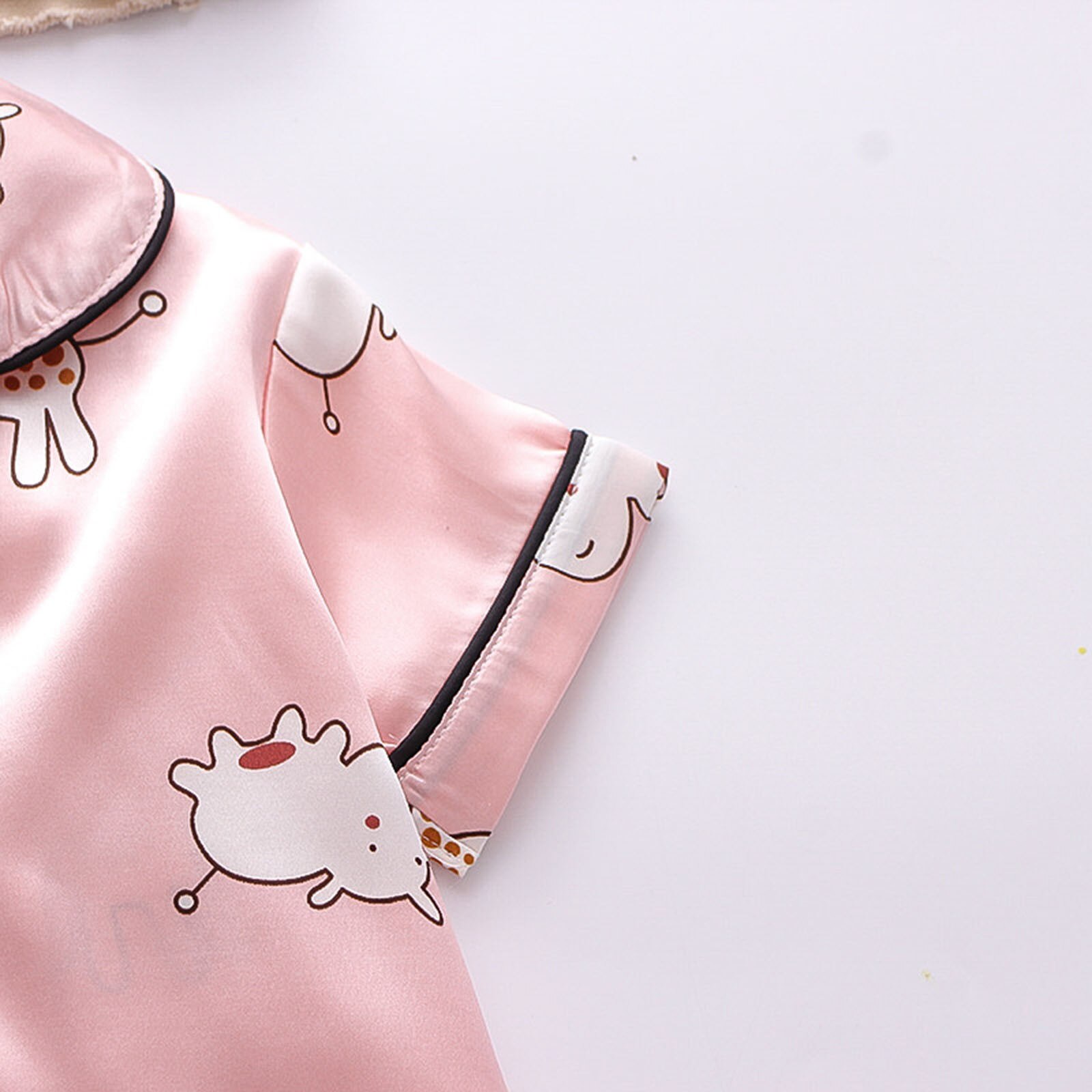 Toddler Baby Boy Girl Silk Satin Cartoon Animal Top Pant Pajamas Short Sleeve Button-down Pyjamas Outfits Child Sleepwear