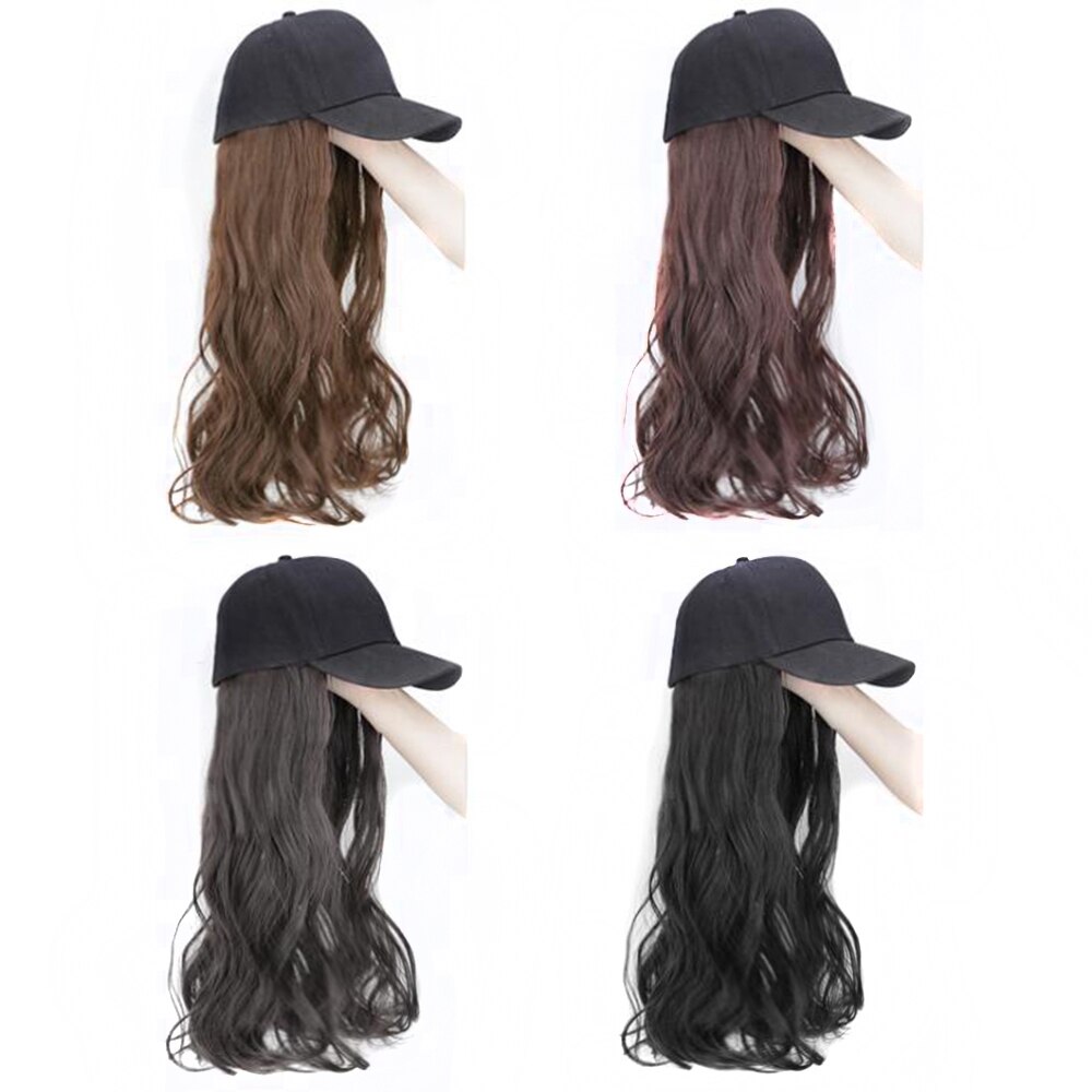 Long Straight Black Hat Baseball Cap with Hair Extension Brown Wig Hairpieces Synthetic Hair Pieces
