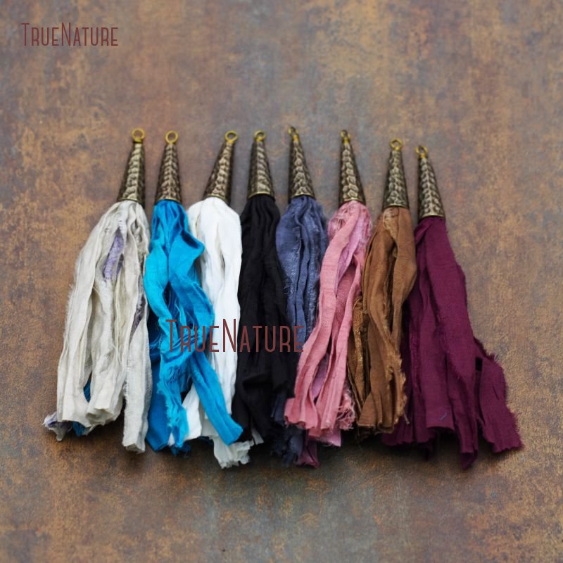 Large Sari Silk Tassel For Necklace Bracelet Making Bohemian Handmade Colorful Tassel Charm Bronze Cap In 5.4 inch PM7903