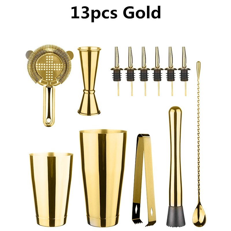 13 pçs/set aço inoxidável cocktail shaker gelo tong mixer bebida boston bartender browser kit barras conjunto ferramentas barra profissional: 13pcs Gold