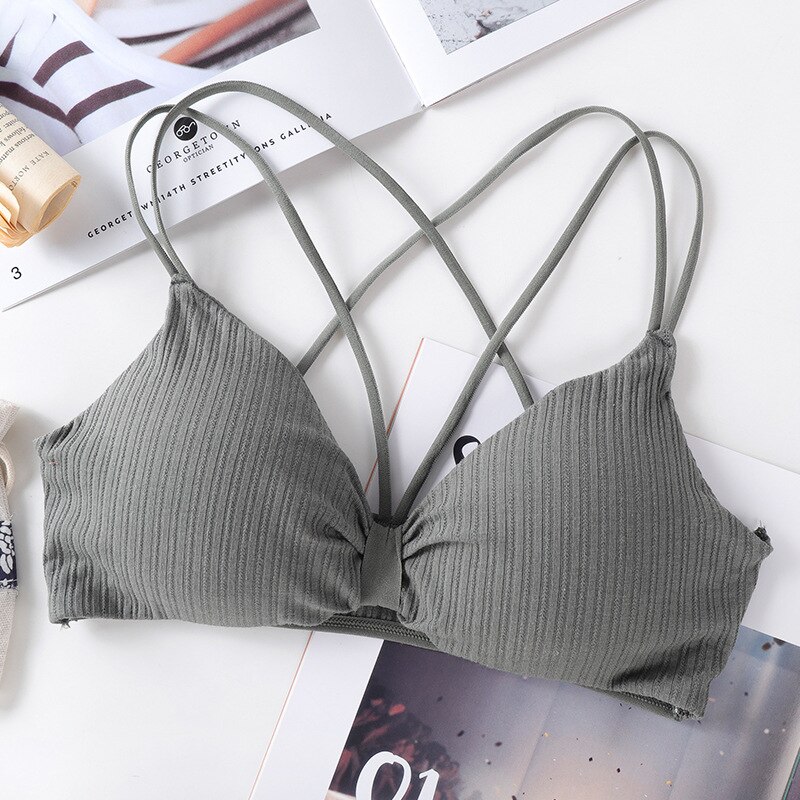 SVOKOR Stripe Bras For Women Push Up Lingerie Seamless Bra Backless Wire Free Bralette Cross Sling Tops Wnderwear: Gray