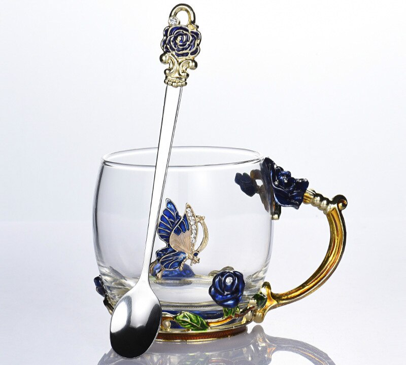 Europäischen Stil Emaille Glas Tasse Kaffee Milch Trinken Blume Getränk Tee Tasse einstellen mit Deckel Löffel Kasten Paar Glas typ bilden: Blau kurz