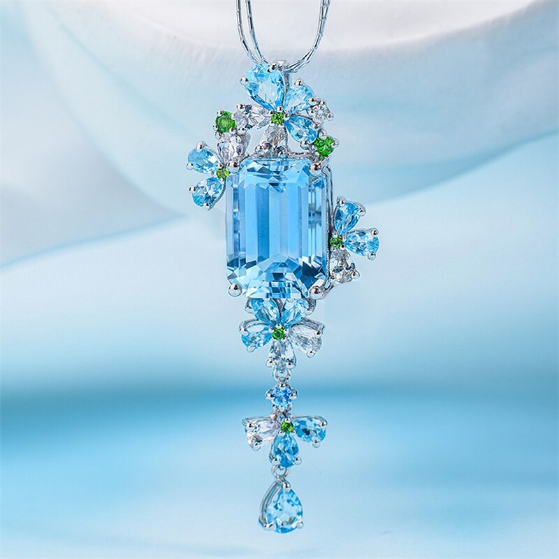 Qtt Sieraden Sky Blue Roze Topaz Hanger Ketting Zilveren Kleur Steen Ketting Hanger Ketting Voor Vrouwen Bruiloft Sieraden: Blue