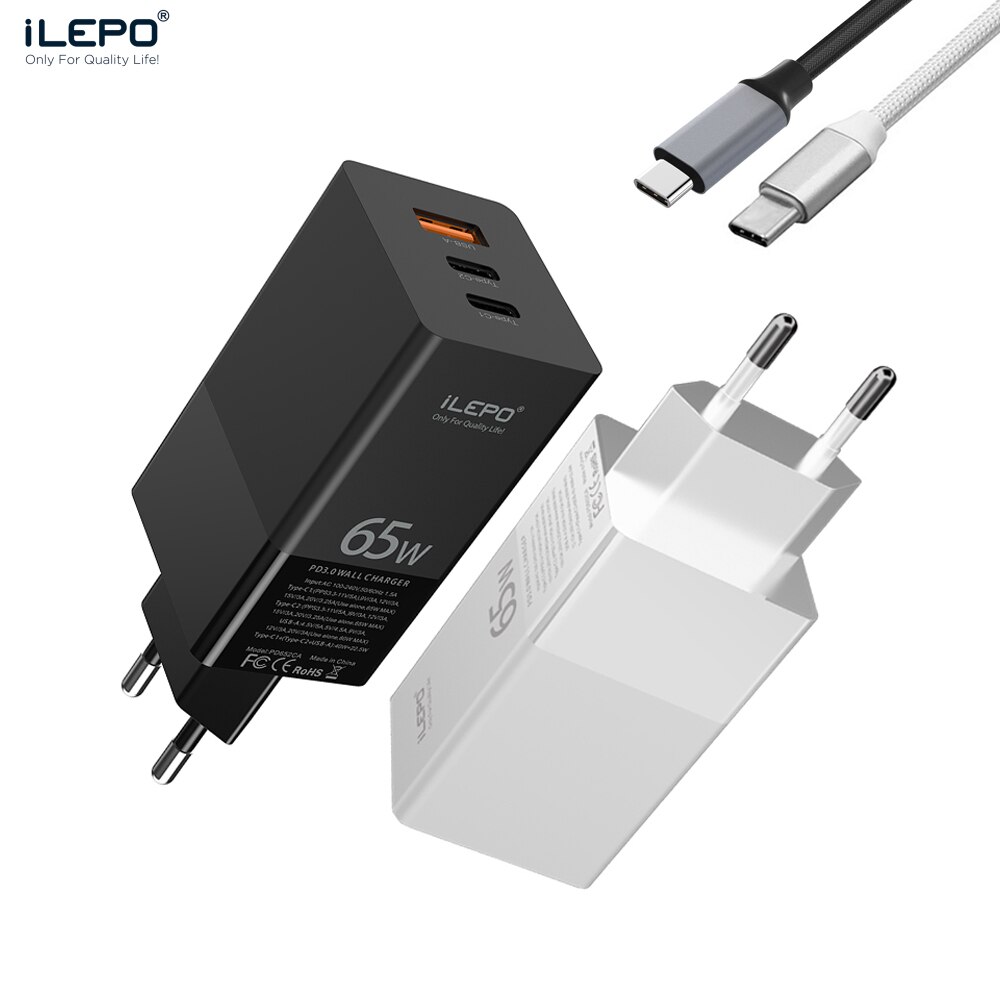 ILEPO 65W GaN Charger For Type C PD3.0 For iPhone12 11 Pro max laptop MacBook Air Pro Samsung with 100W Cable USB C Fast Charger