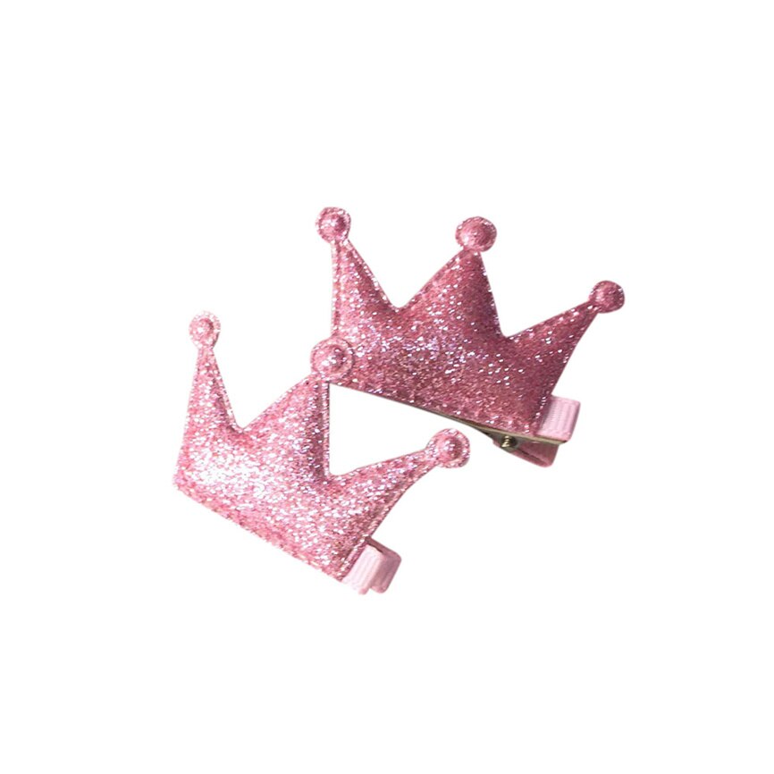 2 pcs bebê clipes de cabelo conjunto presente meninas festa lantejoulas brilhando princesa clipes de cabelo pequena coroa delicada couro estilo de cabelo fivela: Pink