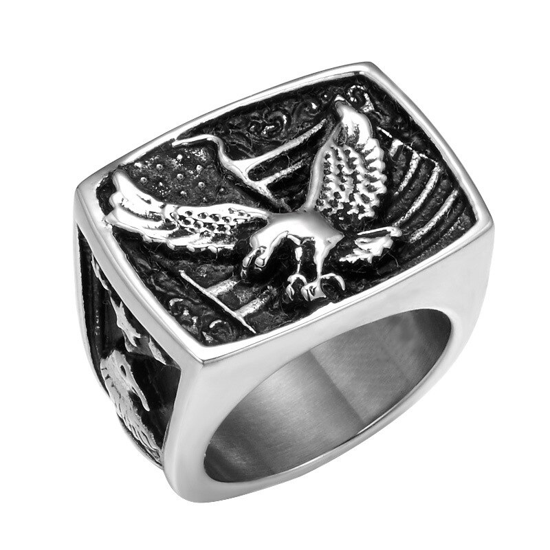 Europeo y americano retro Acero inoxidable soldado americano águila anillo titanio acero anillo para hombres joyería: 11 / Silver