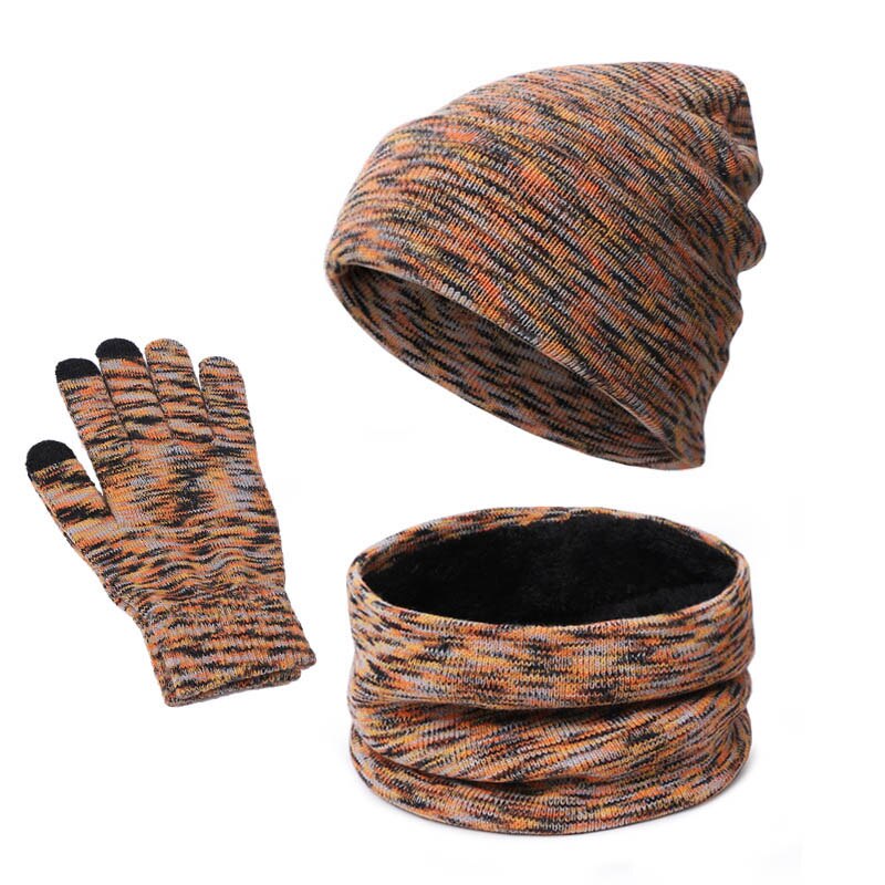 Winter Hat Scarf Gloves Set Solid Color Women Men Beanie Hats Warm Outdoor Knit Windproof Hat Hedging Cap With Lining Hats Bonet