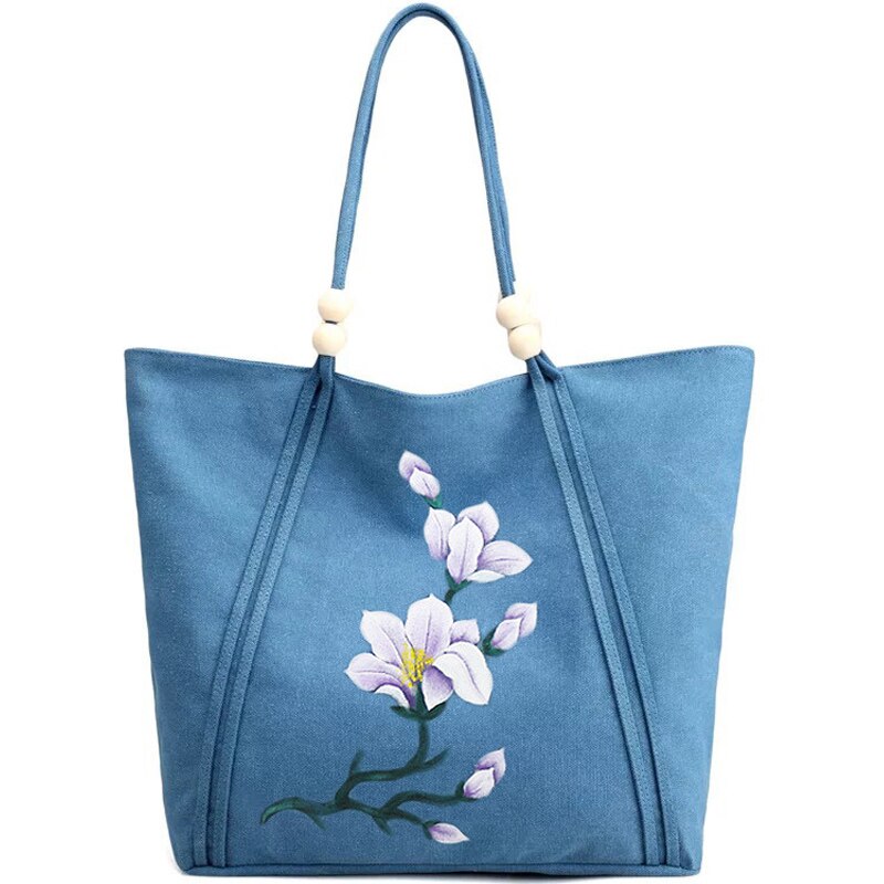 Handmålad väska national canvas axelväska retro dam träpärlor väska blommålning åkpåse bolso mujer
