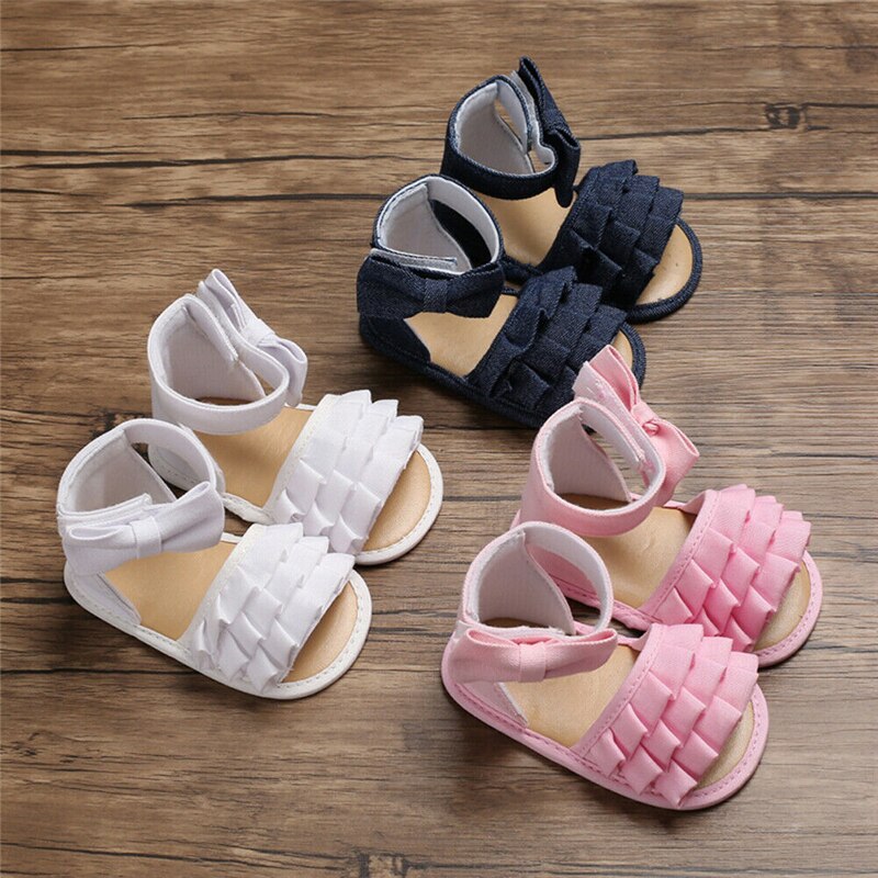Nova moda infantil do bebê menina sandálias sola macia da criança sapatos de verão plissados babados meninas arco-nó sandália