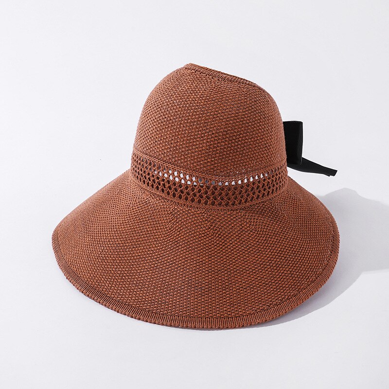 Zomer Boog Zon Hoeden Lege Top Hat Vrouwen Uitsparing Strand Hoed Vrouwen Zon Cap Lint Knit Raffia Zonnehoed uv Protction Caps: Caramel