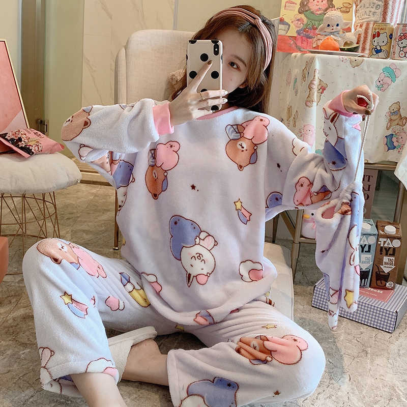 Xizou winter dames pyjama's dikke flanellen pyjama sets print dikke warme pyjama mujer meisje nachthemd lange broek nachtkleding: Xl (60-70kg)
