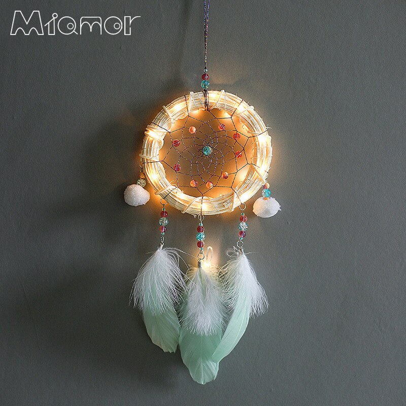 MIAMOR – attrape-rêve en rotin avec anneau lumineux et pompon, décoration murale suspendue, pendentif pour chambre d&#39;enfant, AMOR00149