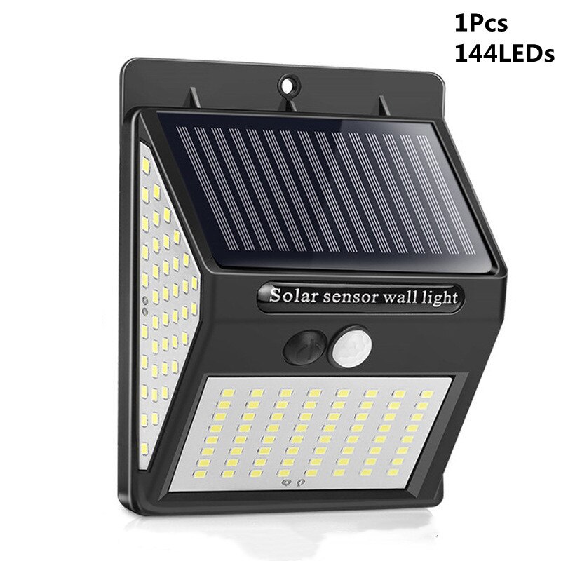 20/100/144 ledet solenergi ledet lys utendørs lampe pir bevegelsessensor vegglamper sconce vanntett solcelledrevet til hage gatelampe: 1 stk 144 lysdioder