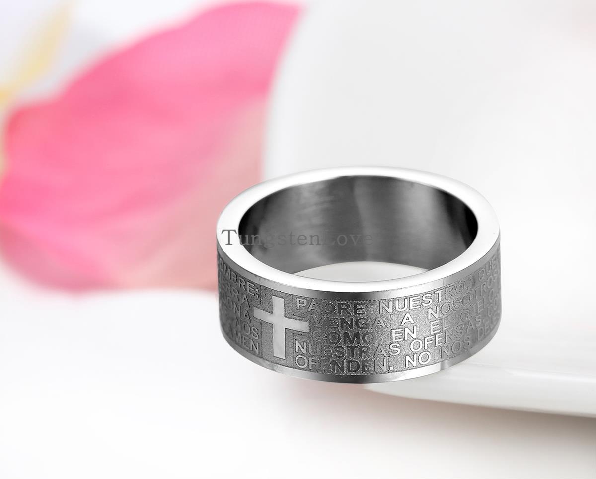 Mens 316L Stainless Steel Ring Spanish Lord&#39;s Prayer Bible Cross 8mm Band silver color anillos hombre mens jewellery