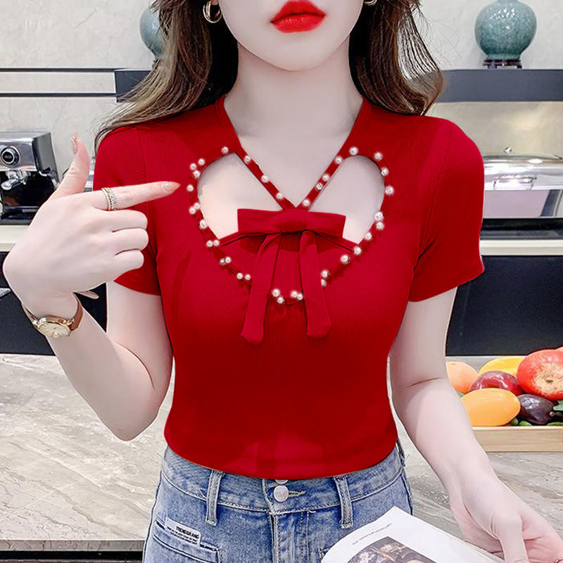 Short Sleeve Women's Summer Beautiful Bow T-shirt Beaded Sense Niche Unique Chic Top