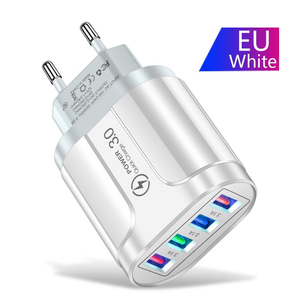 Uthai HC-385 3A 4-Port Mobiele Telefoon Oplader Led Licht 4 Usb Lader Opladen Hoofd Mobiele Telefoon Reislader: EU-White