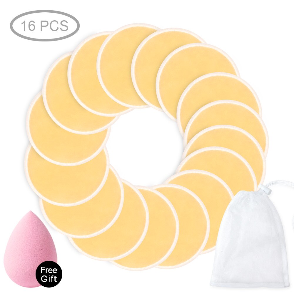 Wasbare wattenschijfjes, herbruikbare make-upremover, wasbare reinigingsdoekjes van katoen voor het gezicht, zachte bamboe, drie lagen gezichts- en huidverzorging: 16 stuks geel met ba