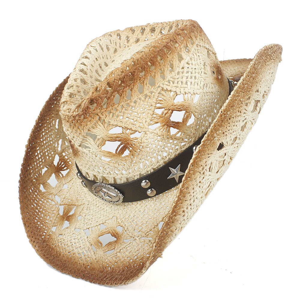 Sommer kvinder mænd strå hule vestlige cowboy hat med punk brandsombrero hombre strand cowgirl jazz sol hat størrelse 56-58cm