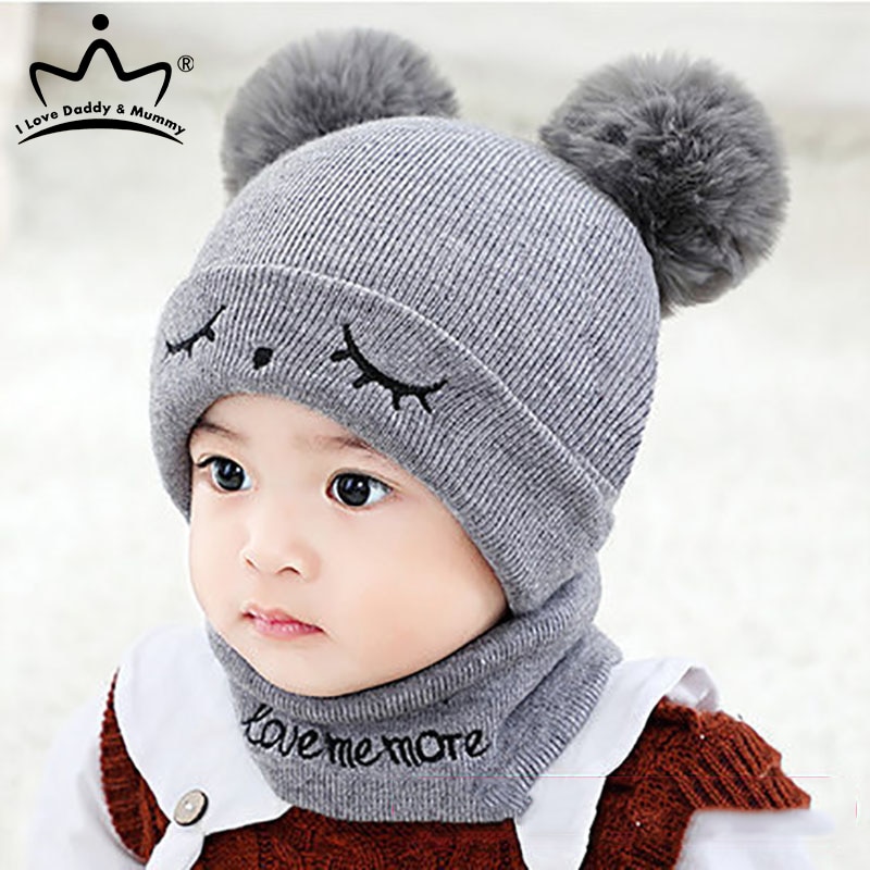 2 stuks/set winter baby muts sjaal schattige dubbele pompon mutsen sjaals gebreide warme baby jongen meisje muts o ring sjaal