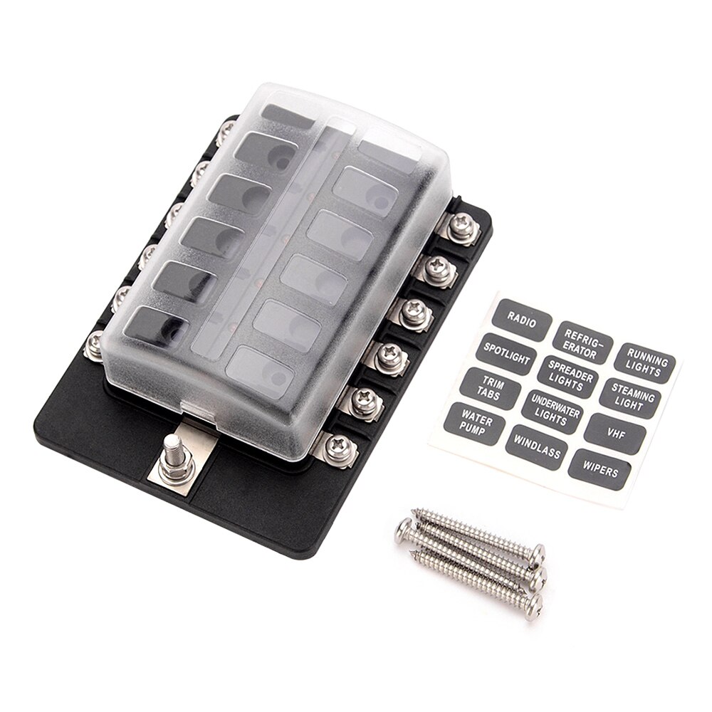 12 Way Blade Fuse Box Holder Fuse Blocks with Red LED Indicator 10Pcs Terminals for Car Boat Marine Caravan Truck 12V 24V