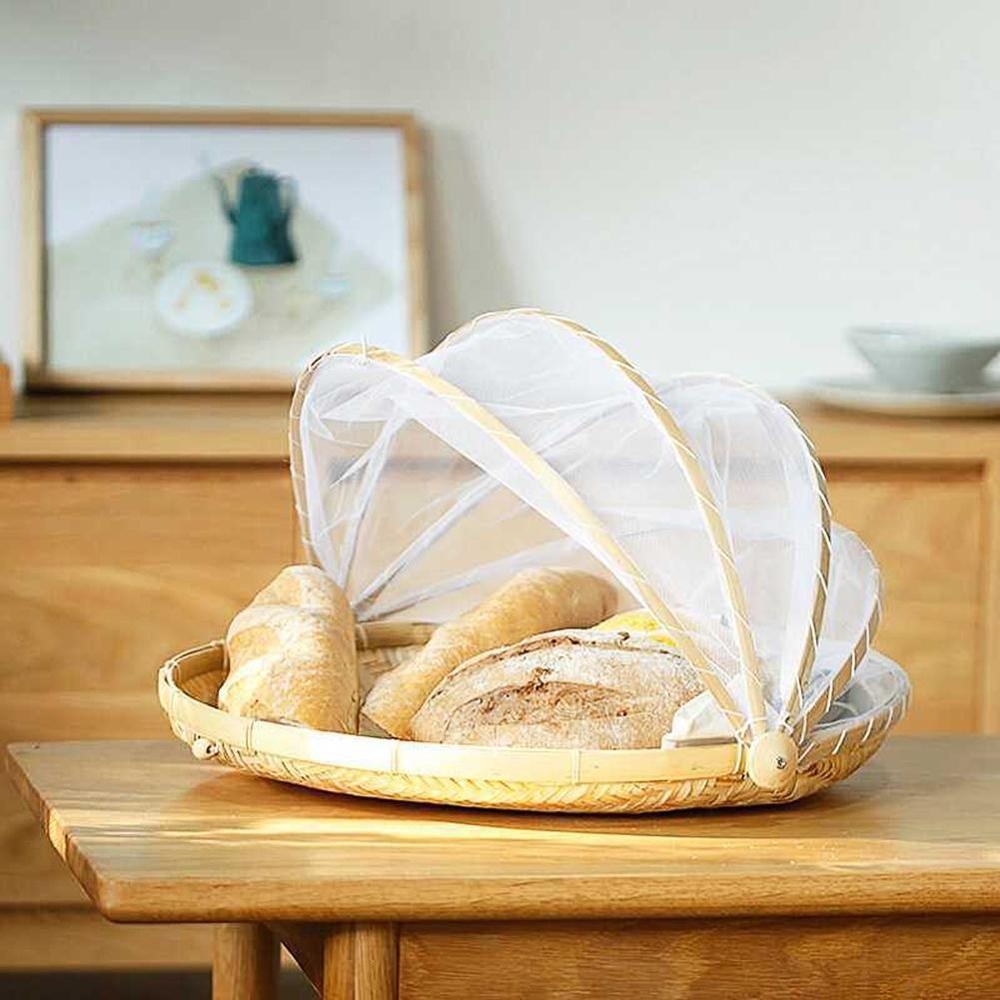 Hand-woven Bamboo Insect-Proof Dust-Proof Basket Picnic Round Dustpan Vegetable Fruit Bread Mesh Gauze Cover Basket